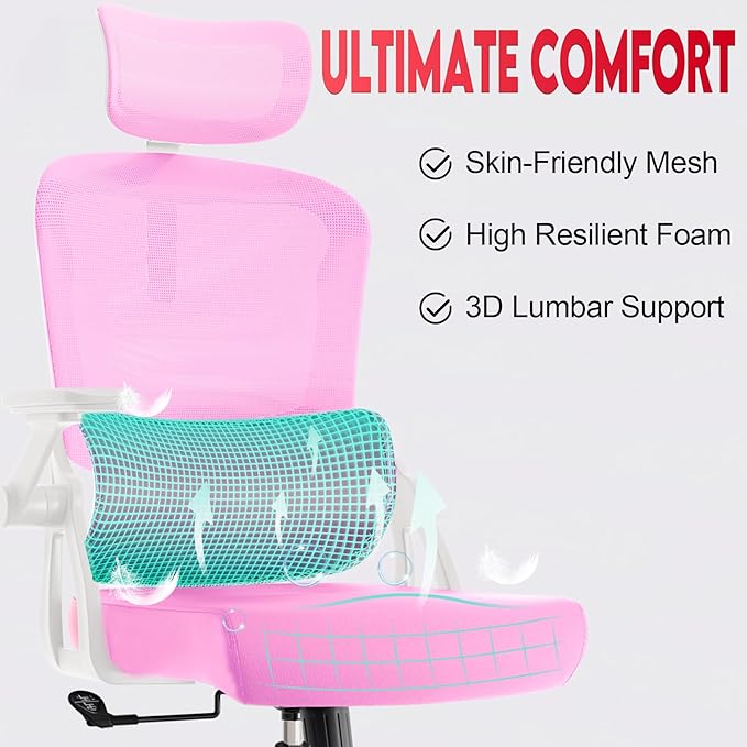 Ergonomic Office Chair - 400LB Comfy Desk Chairs with Adjustable Headrest and Lumbar Back Support, Mesh Computer Chairs with Wheels and Arms for Home Office, Study