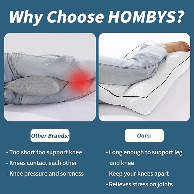 HOMBYS Shredded Memory Foam Knee Pillow for Side Sleepers, 5.5" Height Pillow Between Legs for Aligns Spine & Relieves Pressure Hip & Leg Elevation, Supportive Pillow for Pregnancy, Sciatic,White