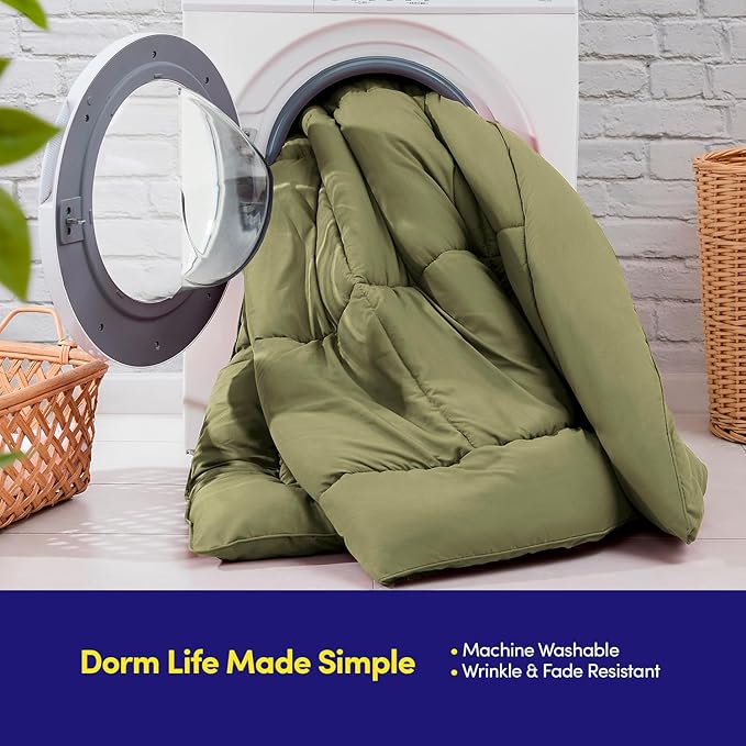 Dorm Room Essentials College Bedding Comforter Set 5 Piece Twin XL Size Bed in a Bag for College Students Boys and Girls, Twin XL, Sage Green