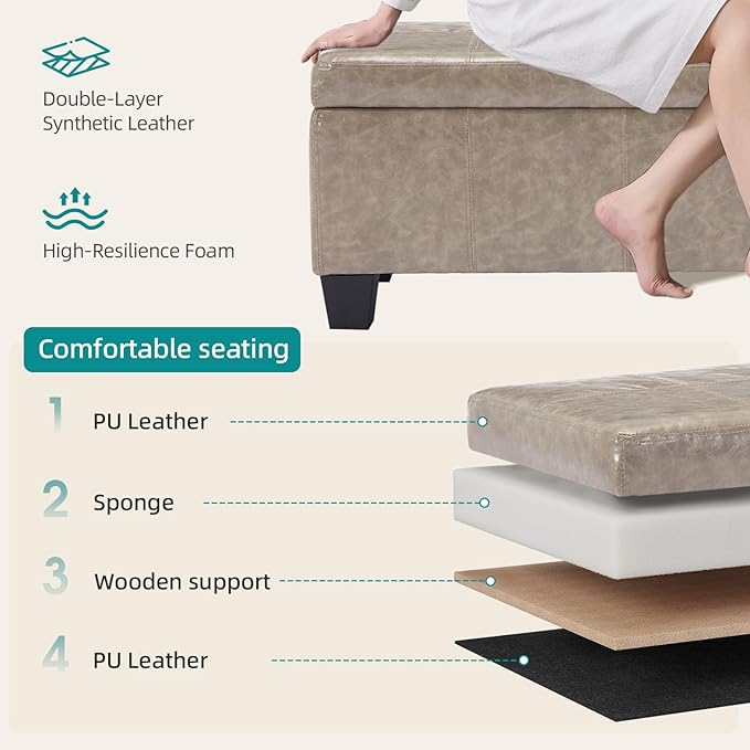 Faux Leather Storage Ottoman Bench with Hinged Lid,42 Inch Large Rectangular Footrest Stool for Bedroom End of Bed, Entryway and Living Room, Padded Seat Shoe Bench, Grey