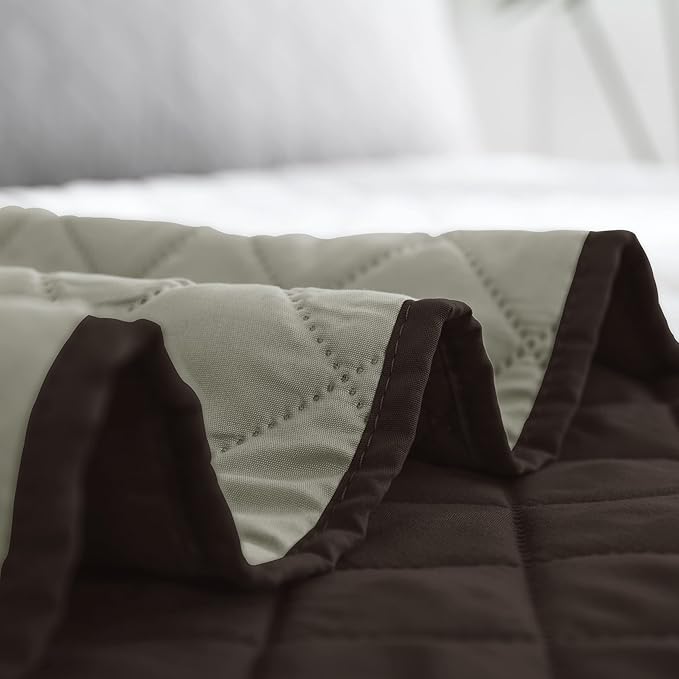 Easy-Going Twin Size Reversible Quilt Set with 1 Quilt and 1 Pillow Shams, Soft Bed Quilt Cover, Water Resistant Lightweight Microfiber Bedspread, Stain Resistant, Chocolate/Beige