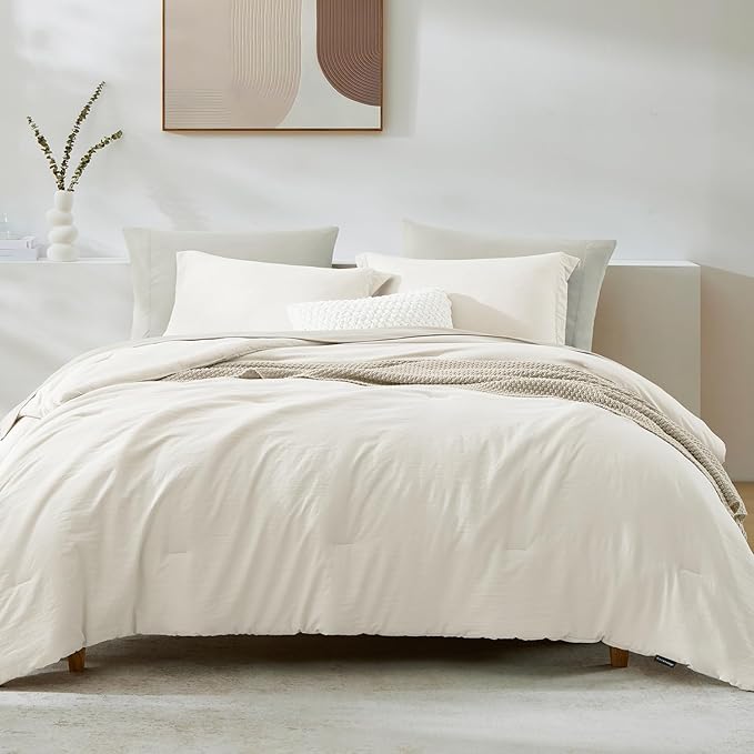 WRENSONGE Full Size Comforter Set- 7 Pieces White Bed in a Bag Full Size Comforter with Fitted Sheet, Flat Sheet, 2 Pillow Shams, 2 Pillowcases, Warm Bedding Sets for All Season
