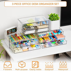 Yieach 11.1 Inch Long Clear Drawer Organizers Stackable,3 Pack Small Acrylic Drawers,School,Office Supplies Organizer And Storage Bins for Stationery,Marker,Pen,Pencil,Craft Desktop Storage Drawers