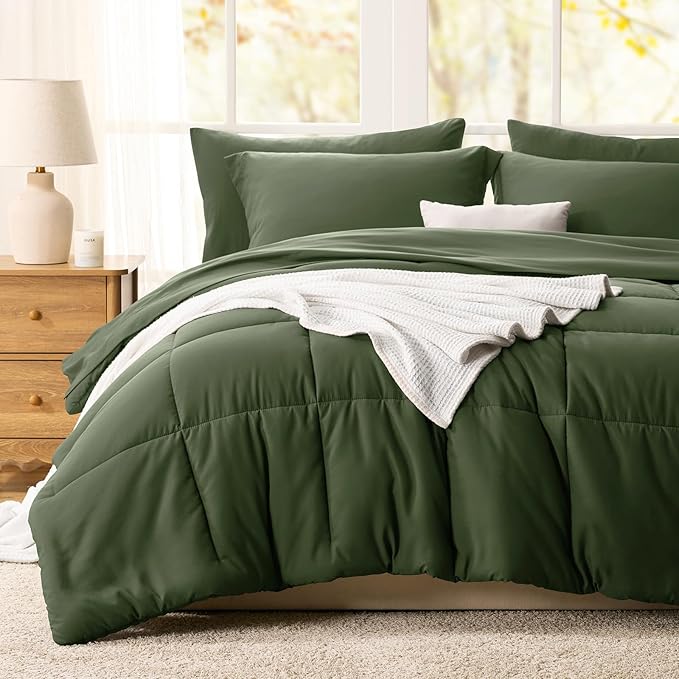 CozyLux Full Size Comforter Sets Olive Green - 7 Pieces Bed in a Bag Full, Oeko-Tex Certified Bed Set, All Season Soft Bedding Set with Down Alternative Comforter, Sheets, Pillowcases & Pillow Shams