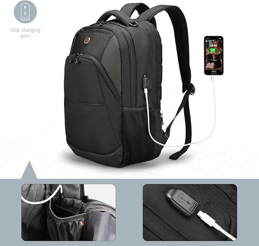 Swissdigital Design Travel Laptop Backpack, College Laptops Backpack with USB Charging Port for Men and Women Fits 16 Inch Notebook, Black | SD1670-01