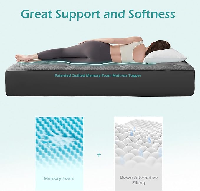 Hansleep Queen Mattress Topper Viscose Derived from Bamboo, Memory Foam Pillow Top Mattress Topper Queen with Deep Pocket, Breathable Mattress Pad for Back Pain Relief, 60" x80", Charcoal Grey