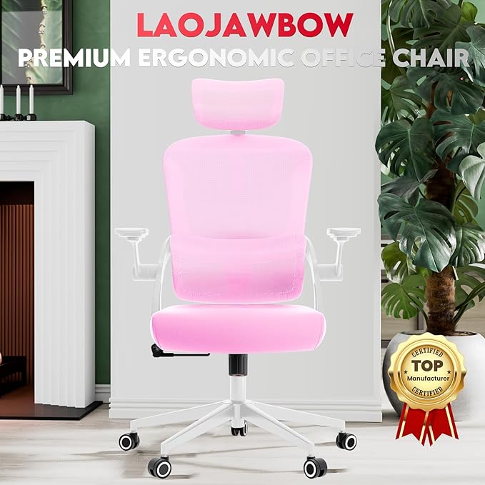 Ergonomic Office Chair - 400LB Comfy Desk Chairs with Adjustable Headrest and Lumbar Back Support, Mesh Computer Chairs with Wheels and Arms for Home Office, Study (218Pink-With Headrest)