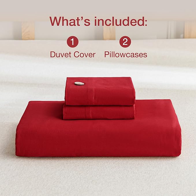 JELLYMONI Cotton Duvet Cover Twin Size - Crimson Red Comforter Cover with Button 100% Washed Cotton 2PCS Breathable Soft Solid Bedding Set Duvet Cover 68×90in & 1 Pillowcase (NO Comforter)