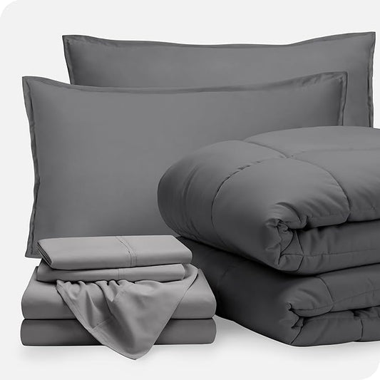 Bare Home Bed-in-A-Bag 7 Piece Comforter & Sheet Set - Full - Goose Down Alternative - Ultra-Soft 1800 Premium - Bedding Set (Full, Grey/Light Grey)