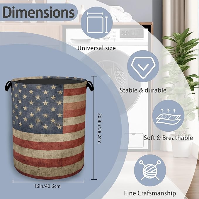 Vintage Flag Laundry Basket,Oxford Cloth Laundry Hamper with Handle Foldable Portable Clothes Storage Basket for Bathroom Bedroom Dorm Room 16" x 20.8"