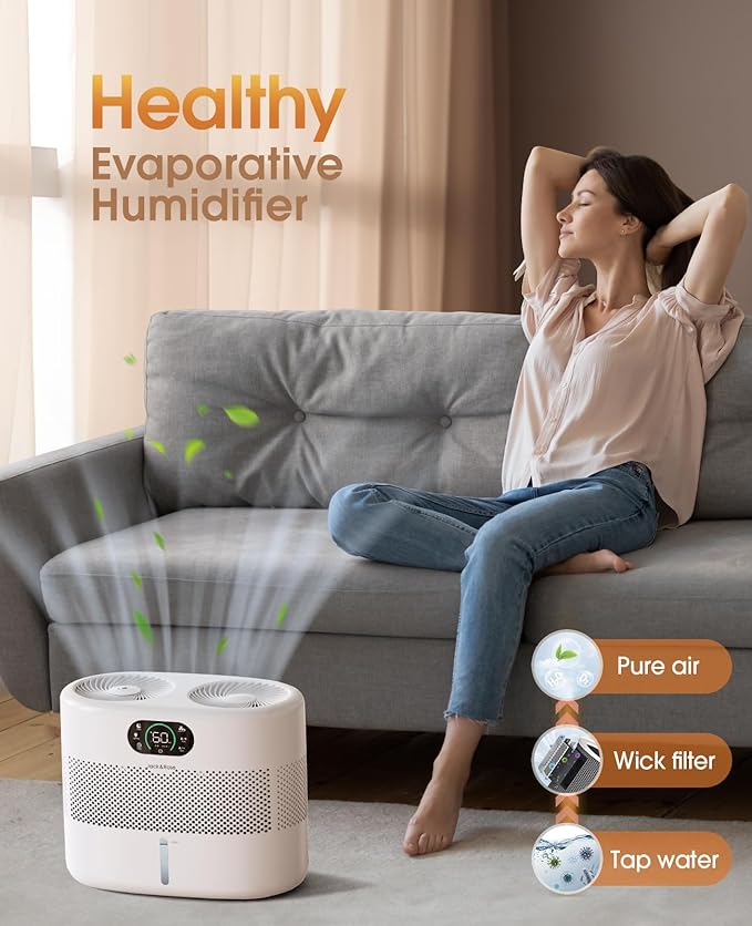 Reuseable Wick Evaporative Humidifier for Bedroom Quiet Healthy Baby Humidifier, No White Dust, Evaporative Humidifier Large Room 800ml/h 3 Speeds, 2