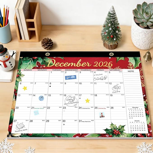 Desk Calendar 2026, Anti-Ink Bleed, Plastic Cover, Ample Space, Through July 2027 with Stickers, 17" x 12" Large Seasonal Wall Calendar 2026 for Home, Office, Student & Teacher Supplies- Flower