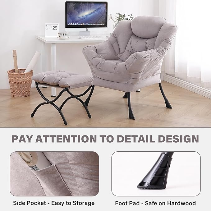 Tiita Modern Lazy Chair with Ottoman, Large Accent Armchair, Leisure Sofa Armchair with Footrest for Bedroom, Living Room, and Dorm Rooms
