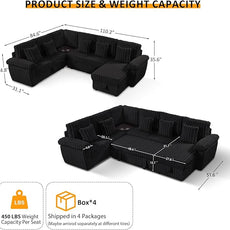 Modular Sectional Sleeper Sofa with Pull Out Bed, U Shaped 7 Seat Sectional Couches for Living Room, 110 Inch Sofa Bed with Armrest Pillows | Hidden Storage | USB Charging | Cup Holder, Black