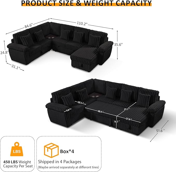 Modular Sectional Sleeper Sofa with Pull Out Bed, U Shaped 7 Seat Sectional Couches for Living Room, 110 Inch Sofa Bed with Armrest Pillows | Hidden Storage | USB Charging | Cup Holder, Black