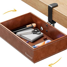 PU Leather Under Desk Drawer Organizer, 360° Rotating Clamp for Stationery, Remote Control, Phone & Pencil Storage, Computer Desk Accessories (Brown)