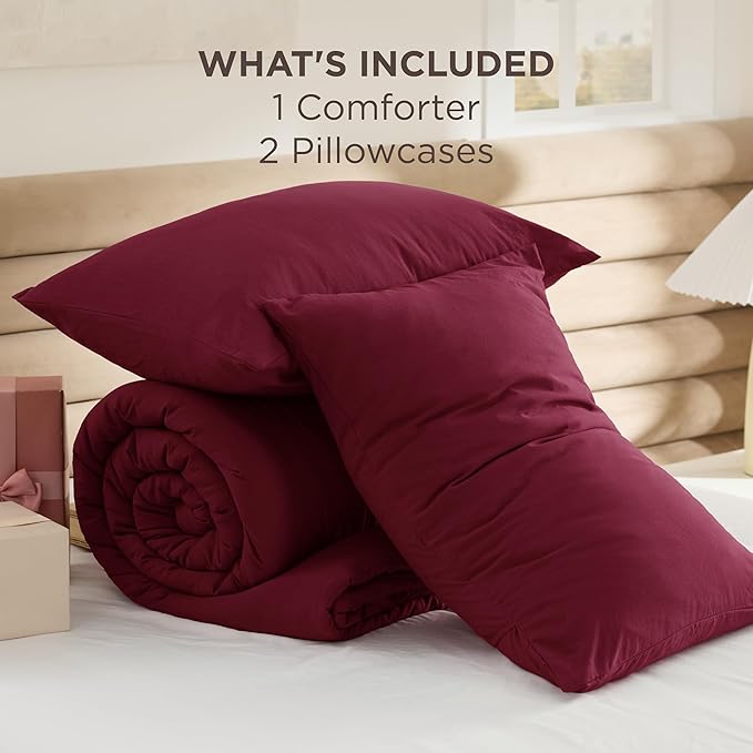 Bedsure King Size Comforter Set, Dark Red Soft Prewashed Bedding for All Seasons, 3 Pieces GentleSoft™ Warm Down Alternative Bed Set, 1 Lightweight Comforter (104"x90") and 2 Pillowcases (20"x36")