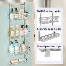 SWTYMIKI Over The Door Shower Caddy - 4 Tier Rustproof Hanging Shower Organizer with Adjustable Shelves, 40 Hooks & Soap Holder, Hanging Shower Rack Storage for Bathroom Accessories, Silver