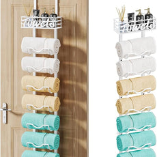 HapiRm Over The Door Towel Rack - 8 Tier Wall Mount Rolled Towel Holder Storage Organizer Shelf with Storage Basket for Small Bathroom, Rv, Camper - White