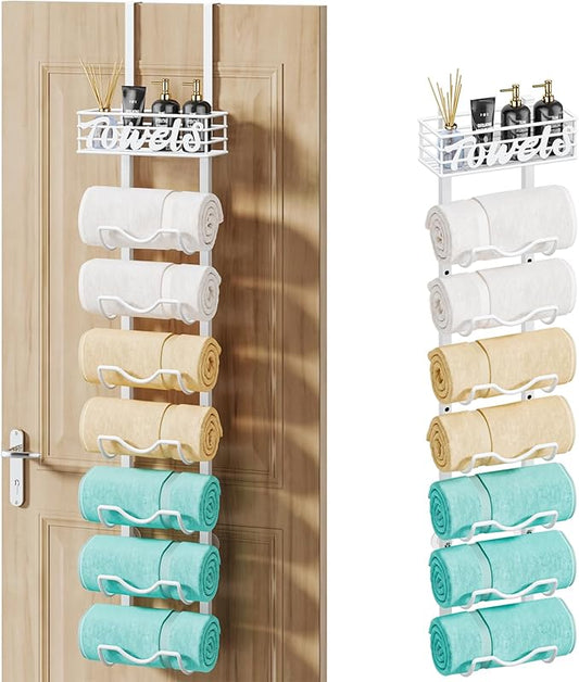 HapiRm Over The Door Towel Rack - 8 Tier Wall Mount Rolled Towel Holder Storage Organizer Shelf with Storage Basket for Small Bathroom, Rv, Camper - White
