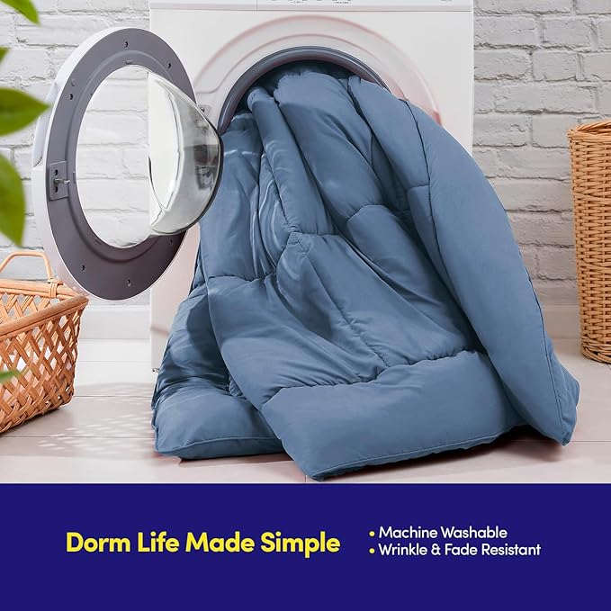 Dorm Room Essentials College Bedding Comforter Set 5 Piece Twin Size Bed in a Bag for College Students Boys and Girls, Twin, Denim Blue