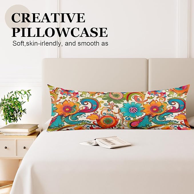 Microfiber Body Pillow Cover with Hidden Zipper,Comfortable Fabric,Floral Print Pattern Body Pillow Case,Lightweight and Breathable,The Size is 20 "X 54"(09-Bohemian Flower)