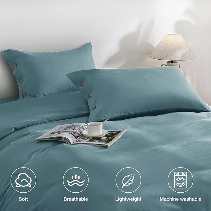 JELLYMONI Pillowcases Set of 2 Cotton Button Pillow Covers 20×26in Grayish Blue Bed Pillow Cases 100% Washed Cotton Soft Breathable (Pillows are not Included)