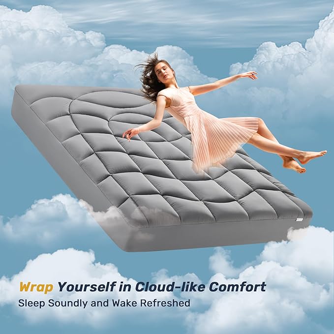 Unikome Waterproof Mattress Pad Queen Size, Ergonomic Quilted Mattress Topper – Soft Breathable Bed Cover with Deep Pocket (Fits 8-21 Inches), Noiseless Durable and Machine Washable (Grey, 60x80)