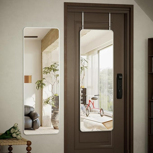 BEAUTYPEAK 14"x48" Full Length Over The Door Mirror, Aluminum Alloy Frame Full Body Mirror with Height-Adjustable Hangers, Hanging Mirrors for Bedroom, Living Room, Bathroom, Silver