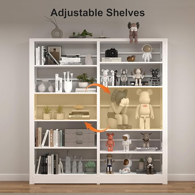 5 Tier Metal Bookshelf, 69" Tall Bookcase with Adjustable Storage Shelves, Heavy Duty Metal Book Shelf Organizer for Living Room, Office, Library, Including Book Stoppers (White, Set of 2)