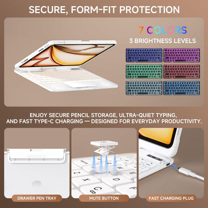 Transparent Keyboard Case for iPad 11” (10th & 11th Gen) – 360° Rotating, Backlit, Trackpad