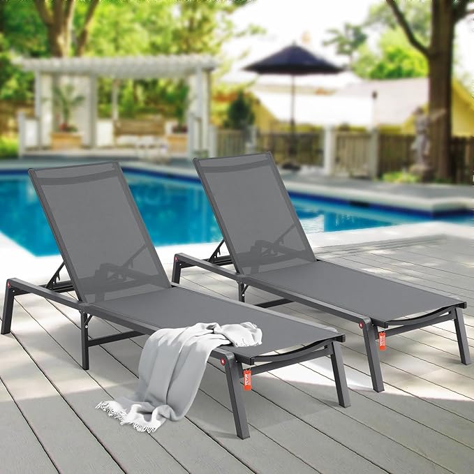 VEVOR 2 Pcs Chaise Lounge Chairs Outdoor, Aluminum Patio Lounge Chair with Adjustable 5-Position, Folding Pool Chairs Recliner and Full Flat Tanning Chair for Patio, Beach, Pool, Grey, 2 pcs