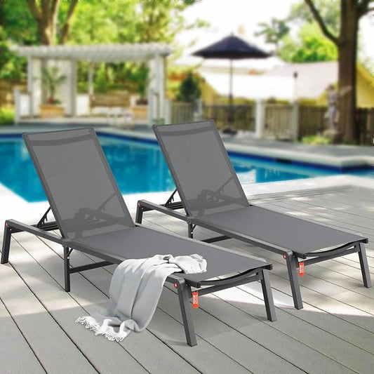 VEVOR 2 Pcs Chaise Lounge Chairs Outdoor, Aluminum Patio Lounge Chair with Adjustable 5-Position, Folding Pool Chairs Recliner and Full Flat Tanning Chair for Patio, Beach, Pool, Grey, 2 pcs