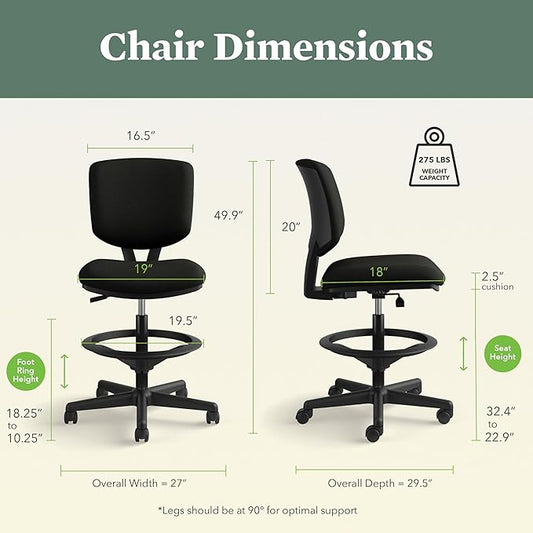 HON Volt Standing Desk Chair, Leather Office Chair with Foot Rest, Armless Drafting Stool, Ergonomic Recline and Center Tilt, for Computers, Offices, Work, Black