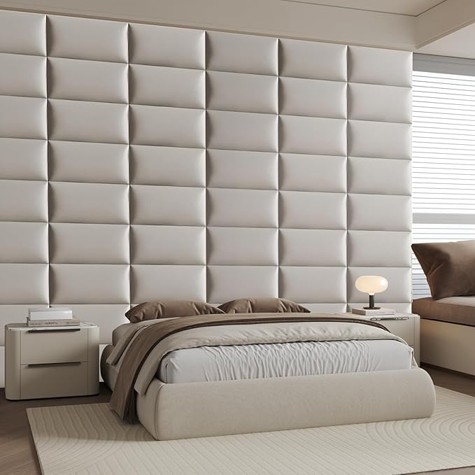Wall-Mounted Upholstered Headboard Panels, Light Gray Faux Leather, 24x12 Inches, Pack of 9 – DIY Adjustable Soundproof Padding for Queen and King Beds, Modern Accent Wall Décor