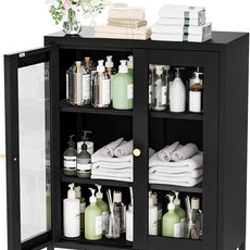 Metal Bathroom Storage Cabinet, Black Sideboard Cabinet with Glass Doors and Adjustable Shelves, Small Metal Cabinets for Kitchen, Living Room, Entryway,Office