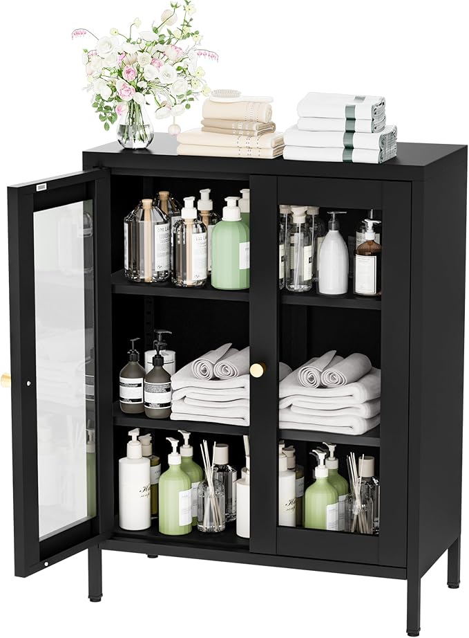 Metal Bathroom Storage Cabinet, Black Sideboard Cabinet with Glass Doors and Adjustable Shelves, Small Metal Cabinets for Kitchen, Living Room, Entryway,Office