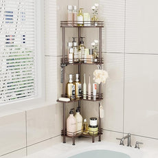 Consumest Corner Shower Caddy Standing - 4-Tier Stainless Steel Shower Organizer with Soap Holder and 4 Hooks, Large Capacity Corner Shelf Stand for Bathroom, Rest Room, Bronze