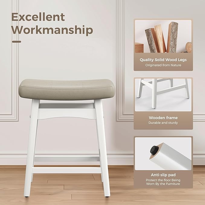MAISON ARTS Beige Counter Height Bar Stool for Kitchen Counter Solid Wood Legs with Faux Leather Saddle Seat Farmhouse Barstools for 34"-38" Counter Island Upholstered Stools, 24in Height