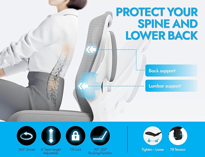 Ergonomic Office Chair - X-Shaped Computer Desk Chairs Comfy, Mesh High-Back Gaming Chair with Adjustable Lumbar Support, Executive Task Chair for Adults, Comfortable for Long Hours (White Grey)