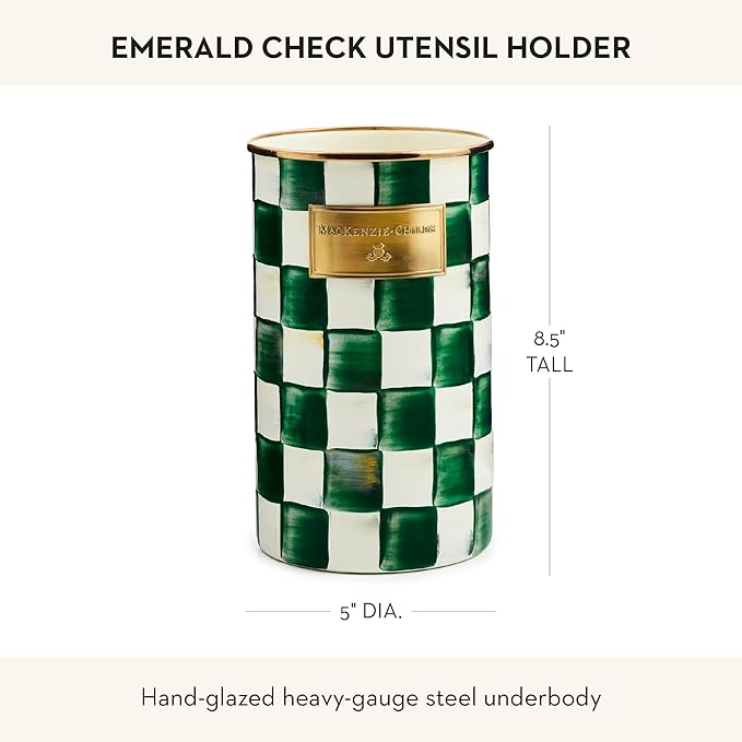MACKENZIE-CHILDS Enamel Utensil Holder, Kitchen Utensil Holder for Countertop, Green-and-White Emerald Check