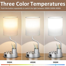 Grey Bedside Table Lamps for Bedroom Set of 2 - Nightstand Light with AC Outlet and USB A & C for Charging, 3 Color Temperatures Desk Lamp with Pen Holder & Phone Stand for Living Room/Dorm/Office