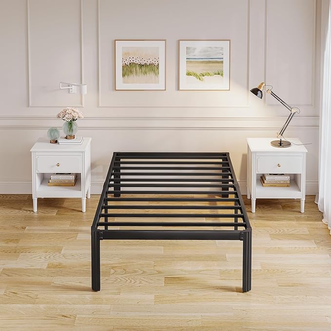 Askeld Bed Frame Twin, 16 Inch High Metal Platform Bed with Round Corner Leg, No Box Spring Needed, Heavy Duty Noise-Free Bed Base, Easy Assembly, Black