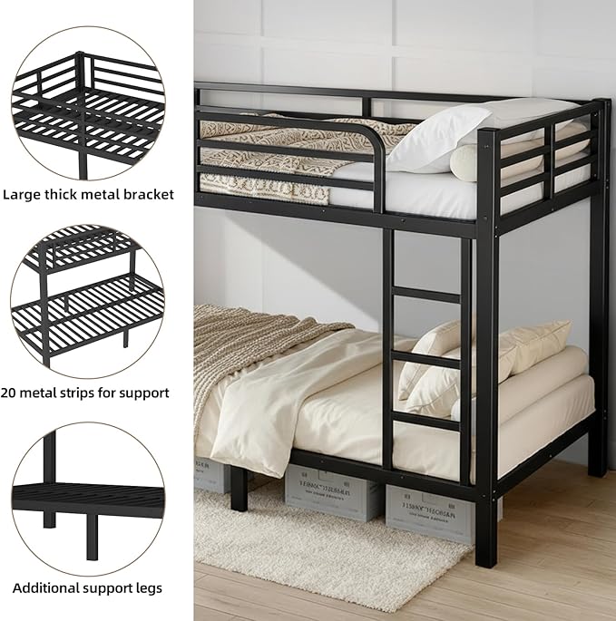 Twin Over Twin Bunk Bed, Metal Bunk Bed Frame Heavy Duty Bunk Beds Loft Bed Frame with Ladder and Guardrail Metal Slats No Box Spring Required for Adults Teens, Black