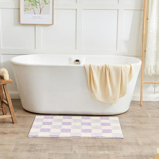 CozeCube Bath mats for Bathroom Non Slip, Fluffy Absorbent Microfiber Bath mat Washable, Aesthetic Bathroom Rugs, Large Purple Checkered Bath mat, Lavender, 36" x 24"