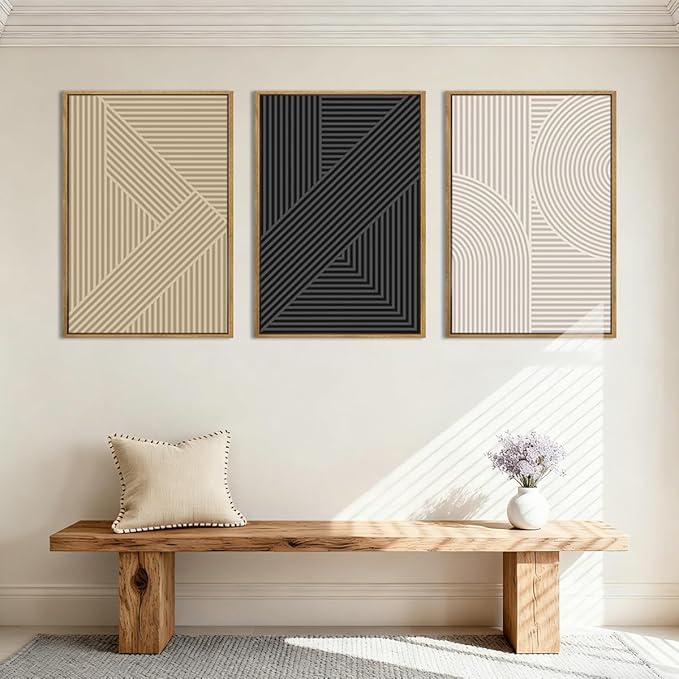 Large Neutral Abstract Wall Art Decor Framed Mid Century Modern Canvas Paintings Artwork for Living Room Bedroom Bathroom 36x24 Inch Set of 3