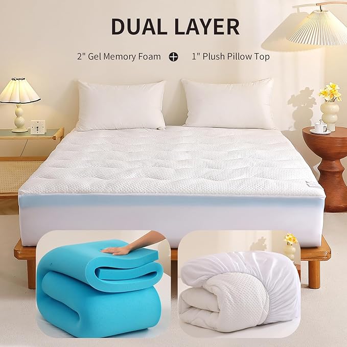 3 inch Dual Layer King Mattress Topper for Back Pain Relief，2 Inch Cooling Gel Memory Foam Plus 1 Inch Pillow Top Mattress Pad Cover 15% Viscose Made from Bamboo, with 6-16 Inch Deep Pocket (King)