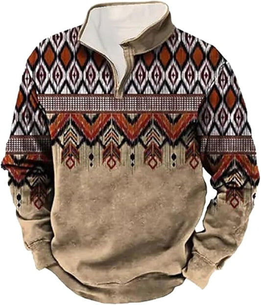 Western Sweatshirts for Men Aztec Cowboy Vintage Graphic Fleece Hoodie Mens Quarter Zip Pullover Country Jacket