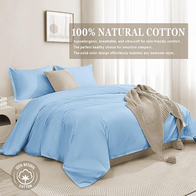 100-Percent Cotton Duvet Cover Set, Hidden Zipper Closure, Ultra Soft, Easy Care and Durable, Simple Bedding Style, King, Light Sky Blue (Comforter Not Included)