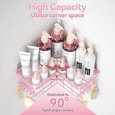 YASONIC Corner Adhesive Shower Caddy, with Soap Holder and 12 Hooks, Rustproof Stainless Steel Bathroom Organizer, No Drilling Wall Mounted Rack, Pink, 3-Pack